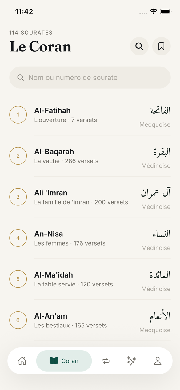 Liste des 114 sourates avec recherche