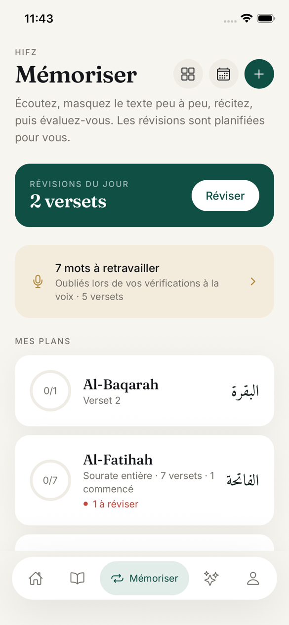 Onglet Mémoriser : révisions du jour, mots à retravailler, plans